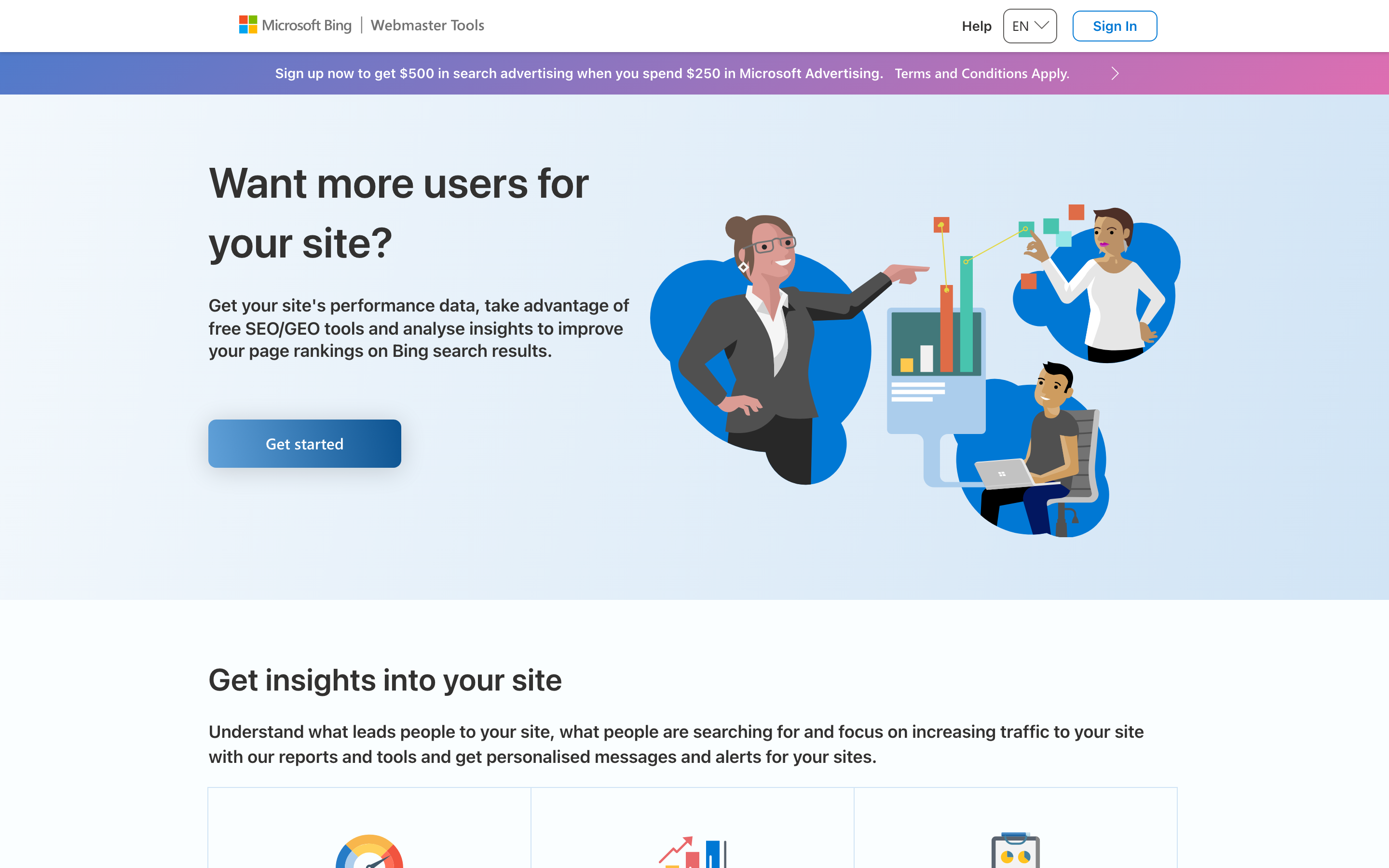 Page d'accueil de Bing Webmaster Tools